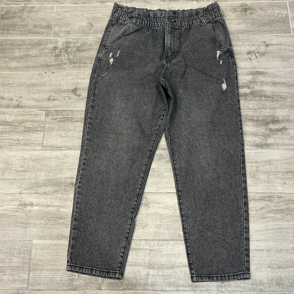SO Woman's High Rise Mom Jeans Distressed Black Size 17‎ 33w Elastic Waist
